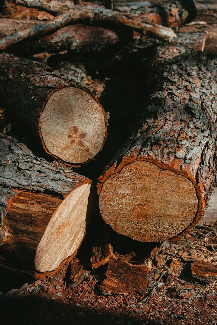 High-resolution close-up of tree logs with textured bark in warm natural light.